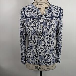 Womens XS Floral Blouse Lucky Brand Blue White Long Sleeve Lace Boho Dress Shirt